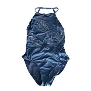 Carmen Marc Valvo Black Sequin Leaf High Neck One Piece Swimsuit Size 10